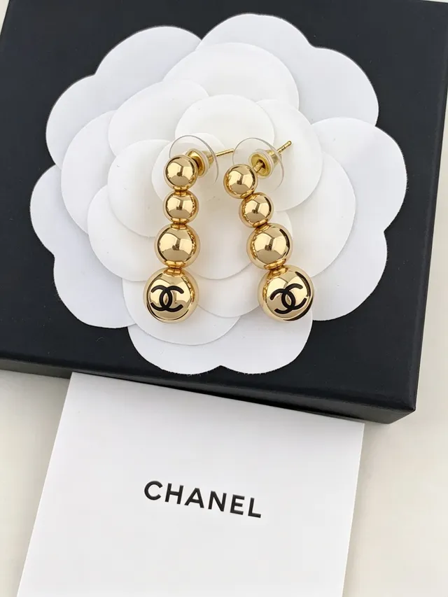 Chanel Gold Black Spherical Beads Stacked Drop Design Earrings 2