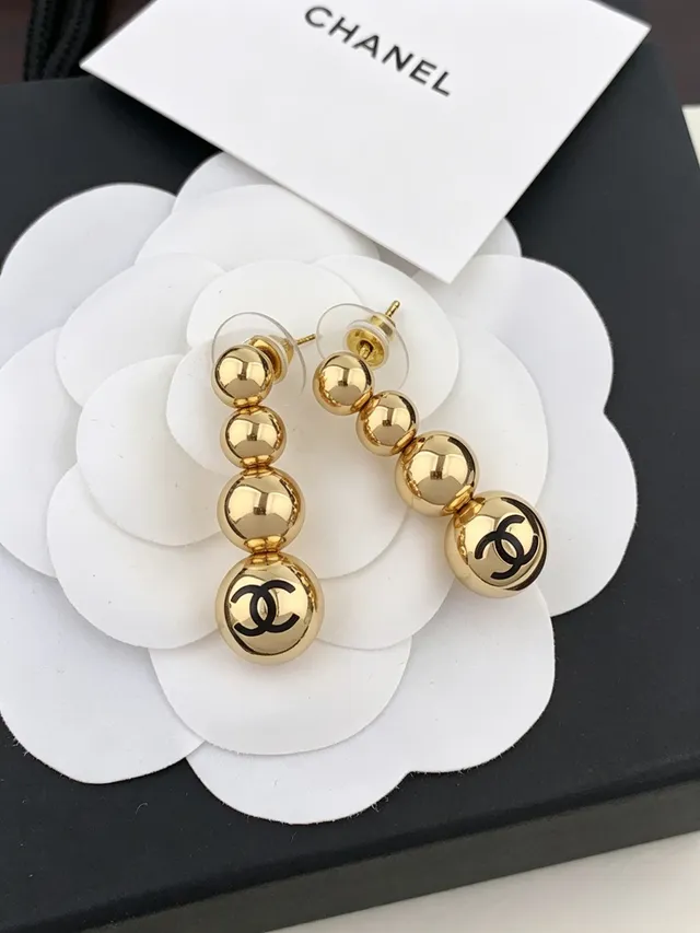 Chanel Gold Black Spherical Beads Stacked Drop Design Earrings 3