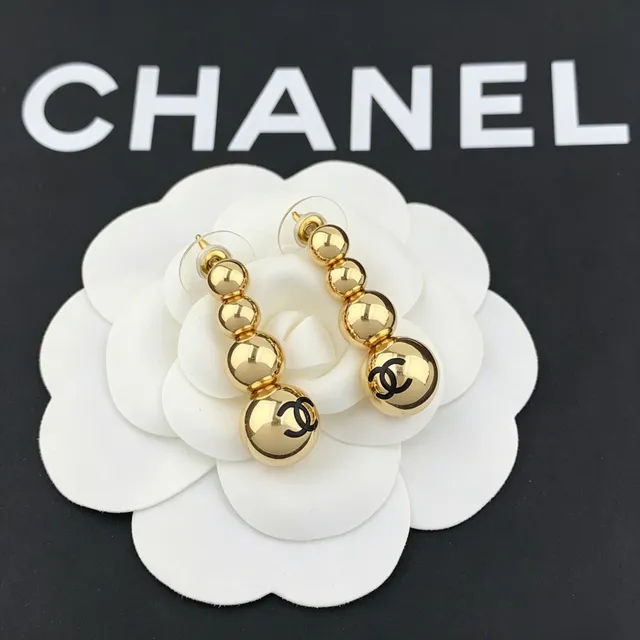 Chanel Gold Black Spherical Beads Stacked Drop Design Earrings 4