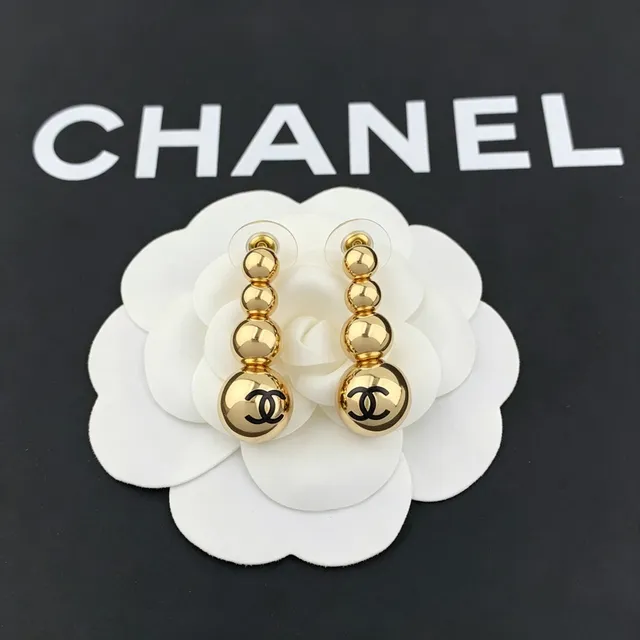 Chanel Gold Black Spherical Beads Stacked Drop Design Earrings 5