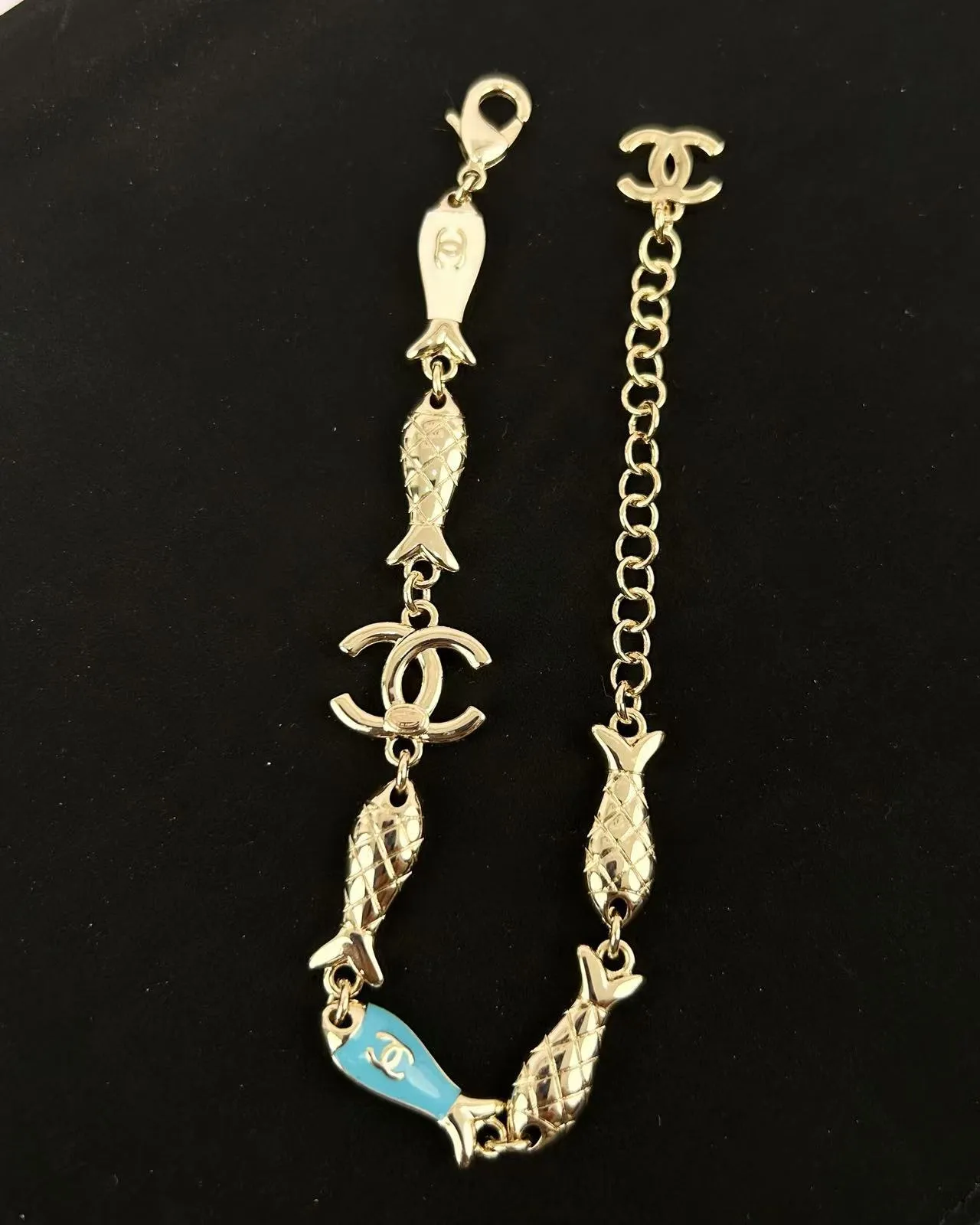 Chanel Gold Blue Chain Enamel Fish Charms Bracelet 2