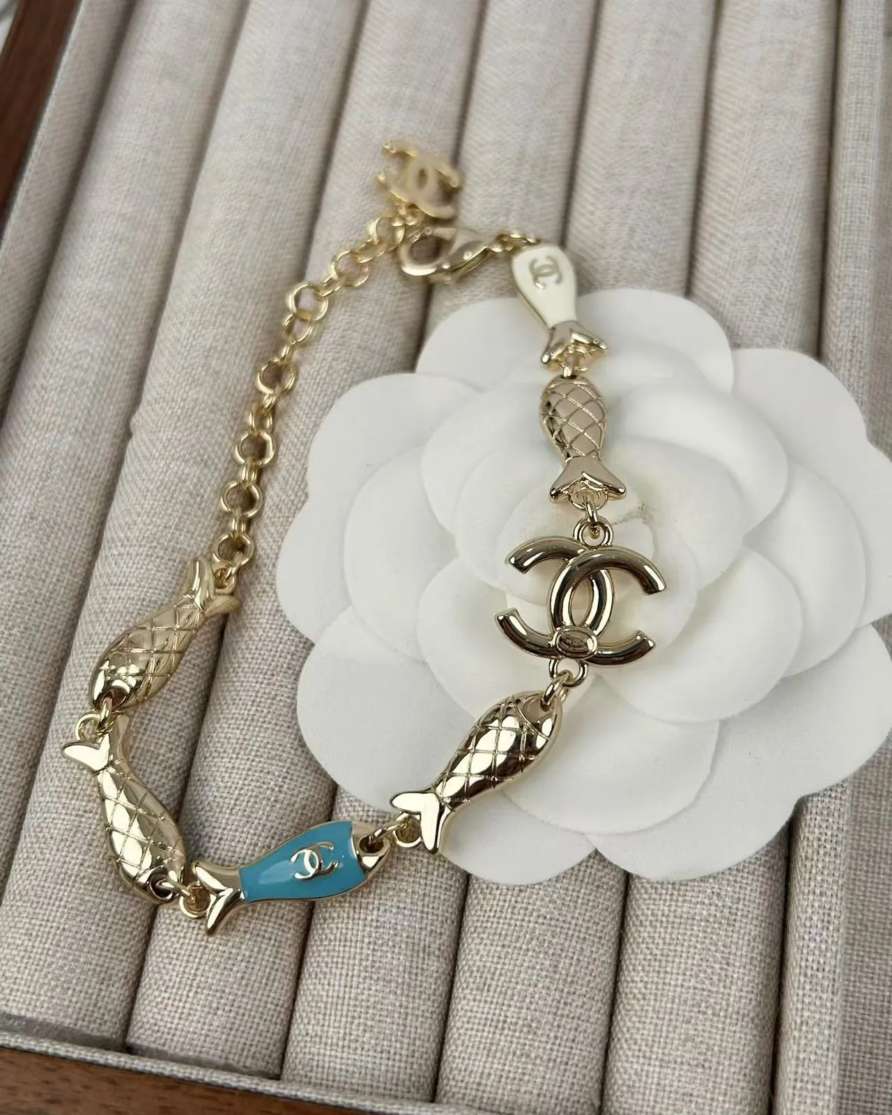 Chanel Gold Blue Chain Enamel Fish Charms Bracelet 4