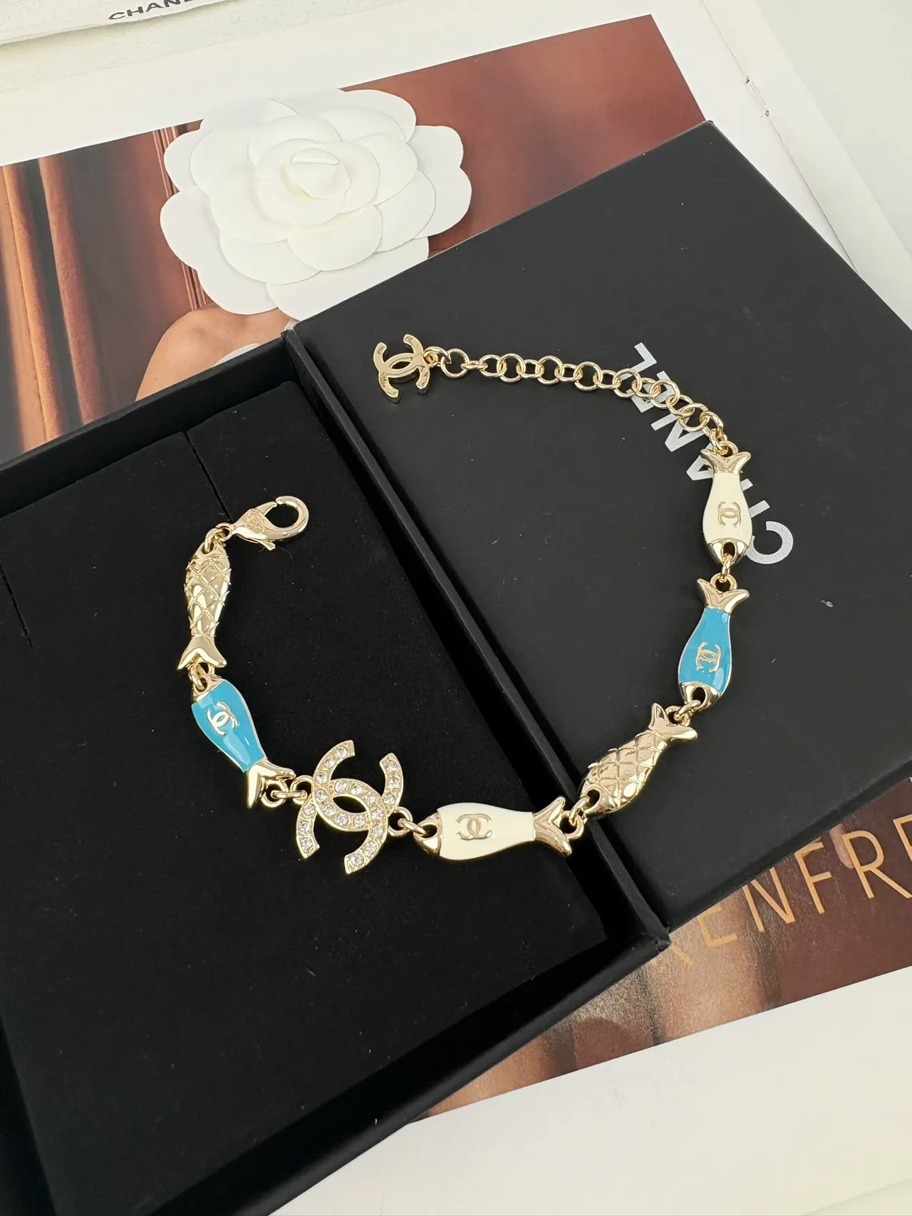 Chanel Gold Blue Chain Enamel Fish Charms Bracelet 5