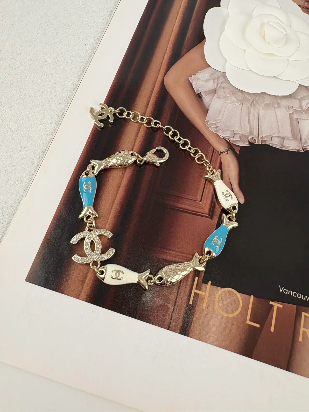 Chanel Gold Blue Chain Enamel Fish Charms Bracelet 6
