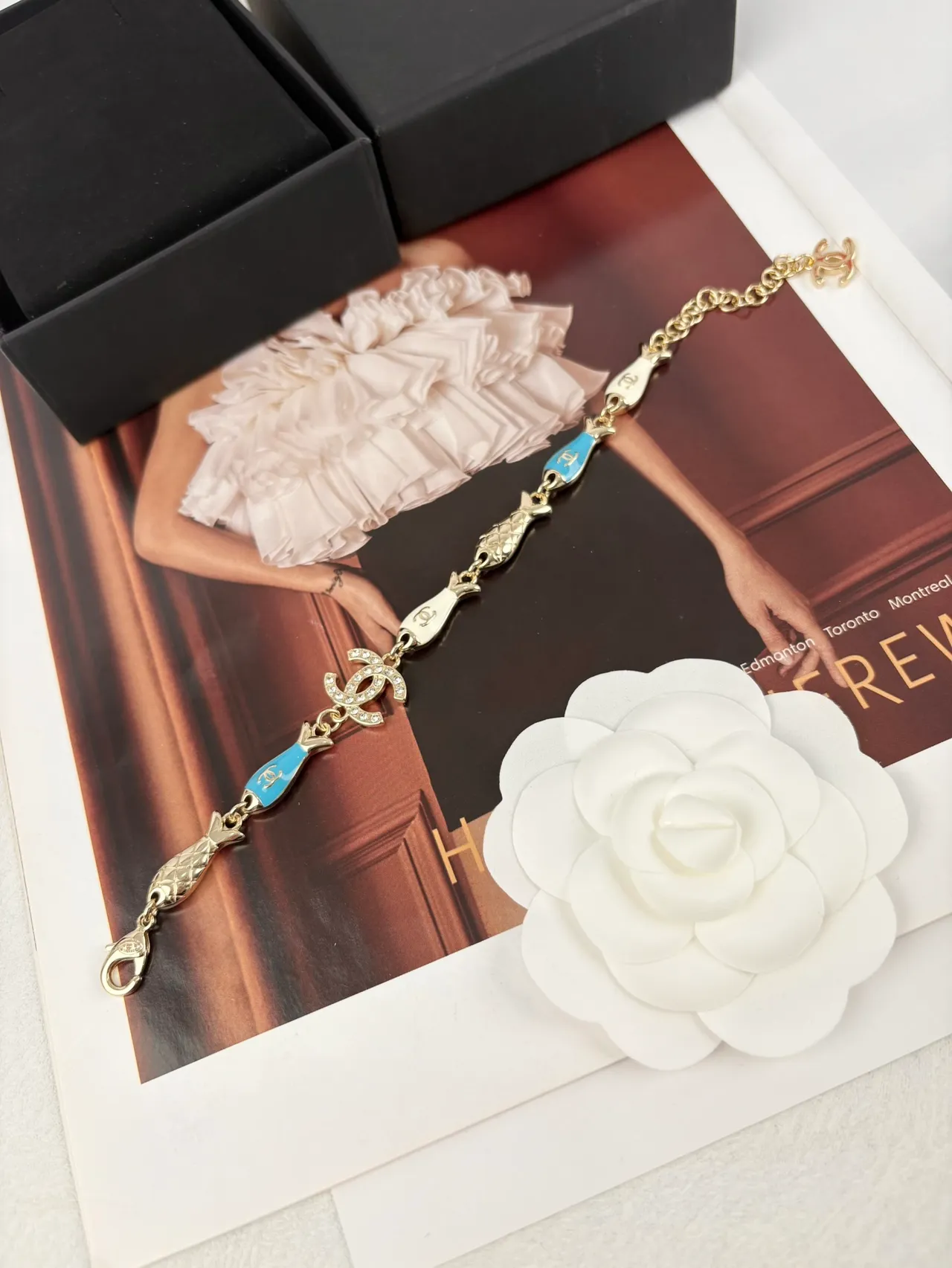Chanel Gold Blue Chain Enamel Fish Charms Bracelet 7