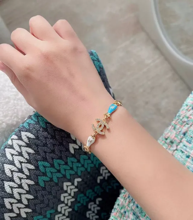 Chanel Gold Blue Chain Enamel Fish Charms Bracelet 8