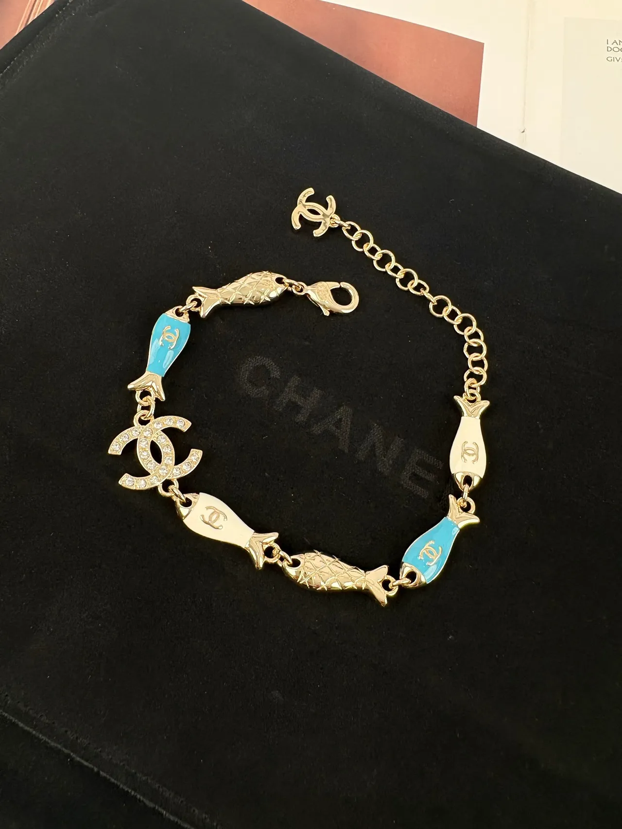 Chanel Gold Blue Chain Enamel Fish Charms Bracelet 9