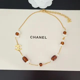 Chanel Gold Brown Curb Chain Amber Resin Beads Necklace