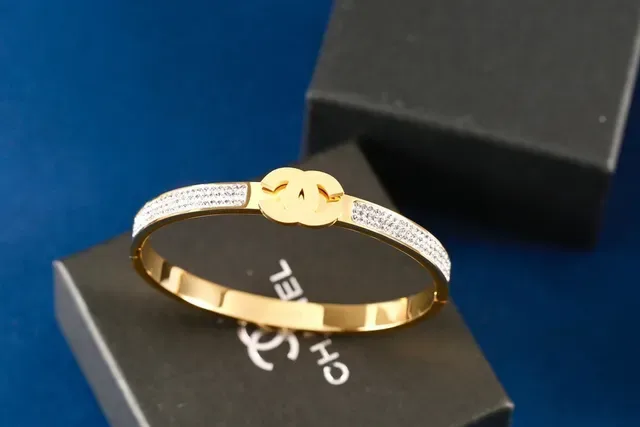 Chanel Gold Silver Pavé-Crystal Band Interlocking CC Logo Clasp Bracelet 7