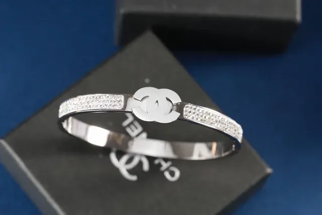 Chanel Gold Silver Pavé-Crystal Band Interlocking CC Logo Clasp Bracelet 8