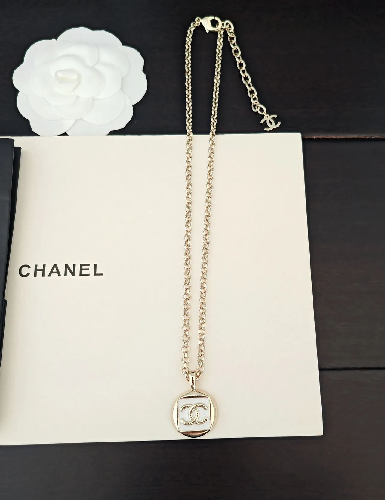 Chanel Gold White Chain Octagonal Pendant Necklace 5
