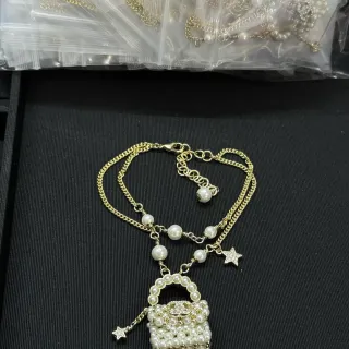 Chanel Gold White Pearl-Beaded Handbag Pendant Chain Necklace