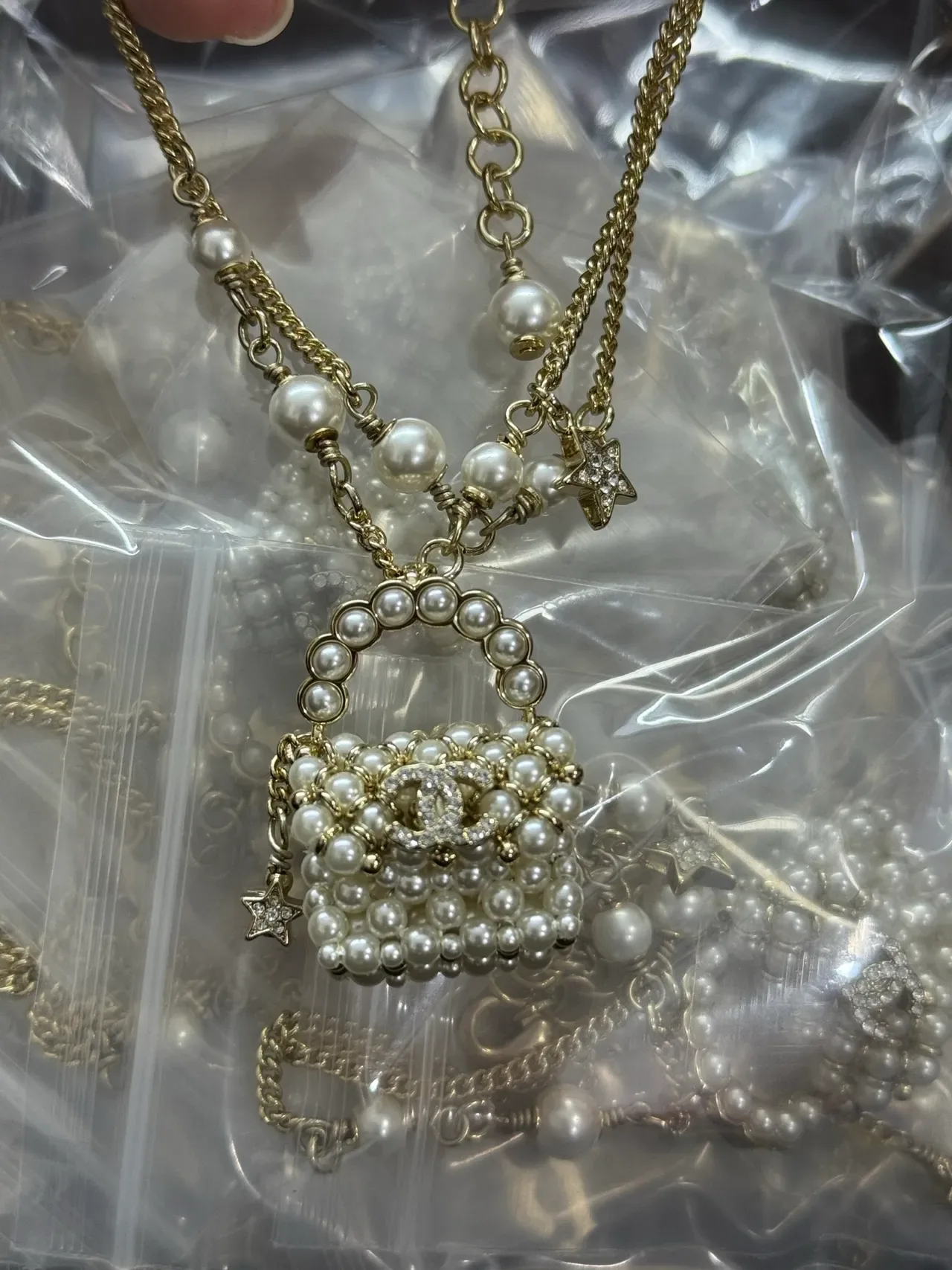 Collier Chanel Or Blanc Perles Chaîne Pendentif Sac 2