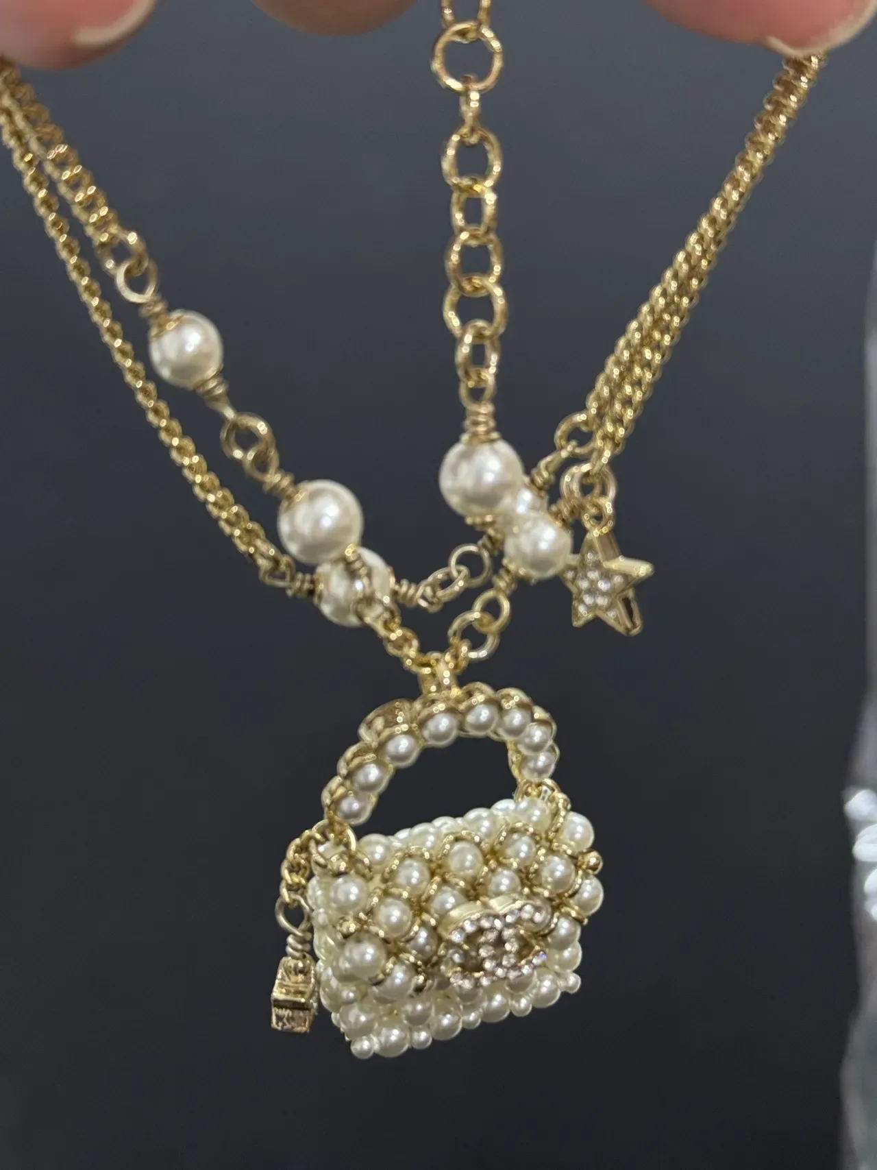 Collier Chanel Or Blanc Perles Chaîne Pendentif Sac 3