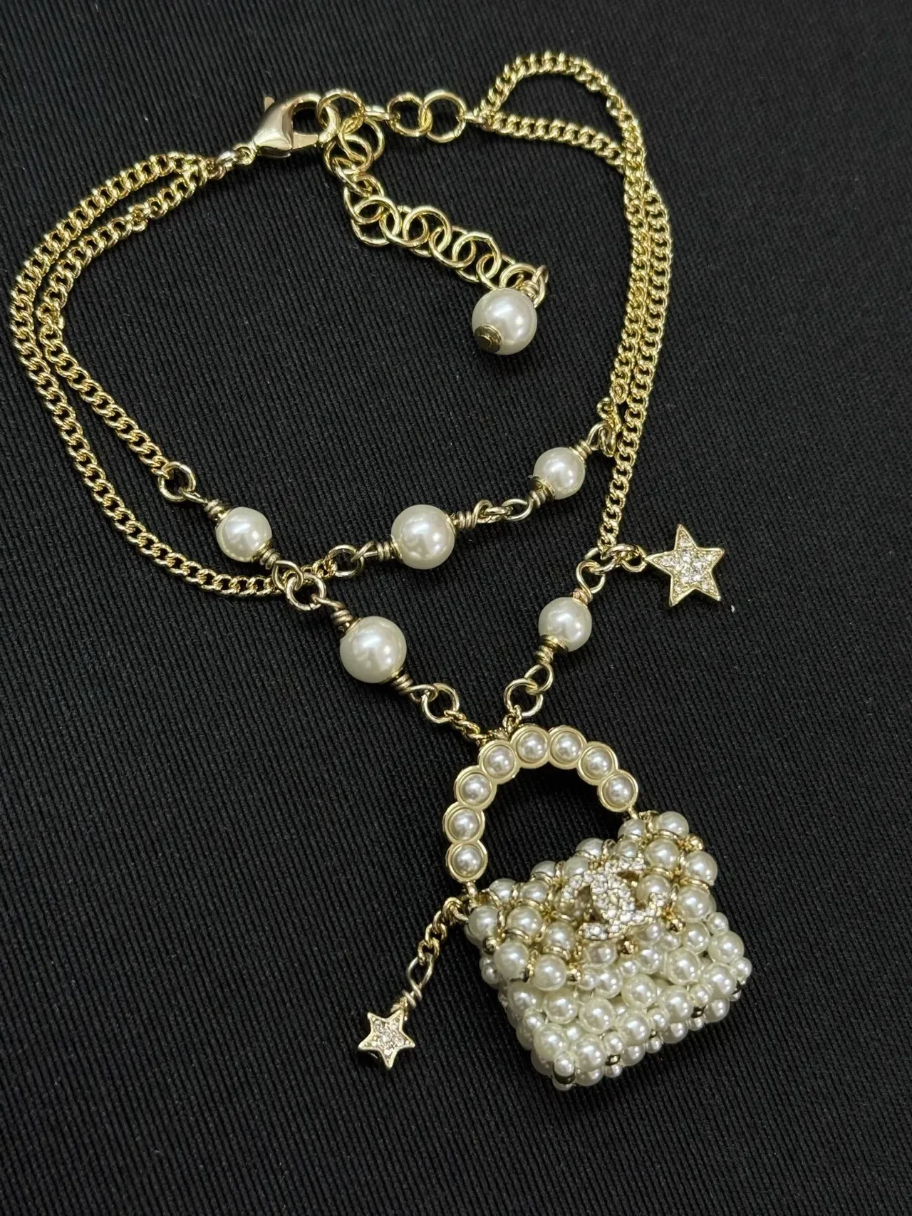 Collier Chanel Or Blanc Perles Chaîne Pendentif Sac 4