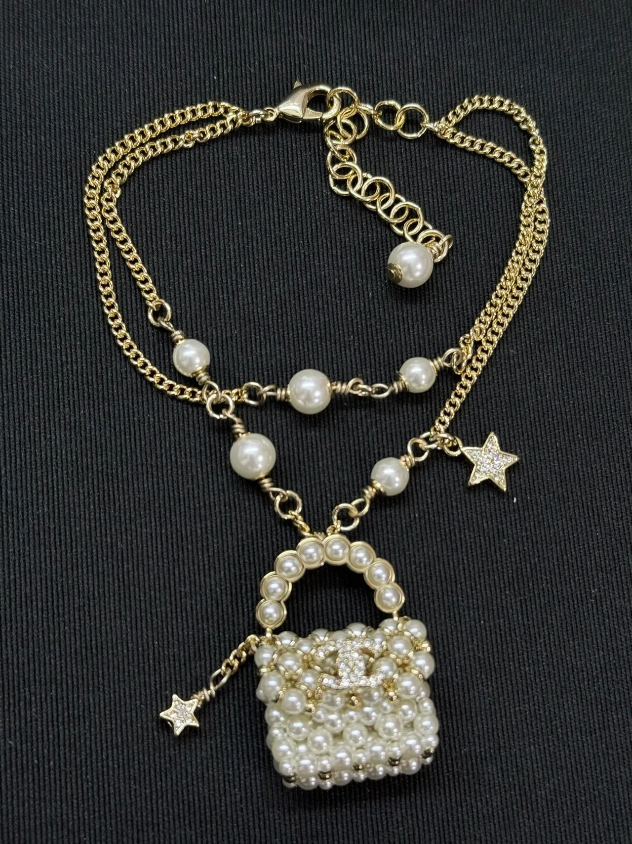 Collier Chanel Or Blanc Perles Chaîne Pendentif Sac 5