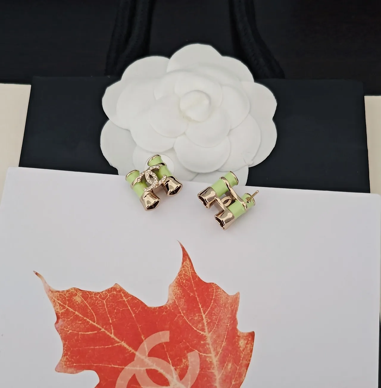 Chanel Green Gold Bamboo-Inspired Crystal-Embellished Earrings 2