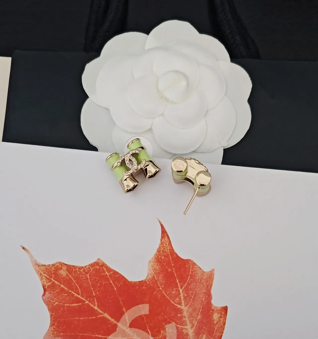 Chanel Green Gold Bamboo-Inspired Crystal-Embellished Earrings 3