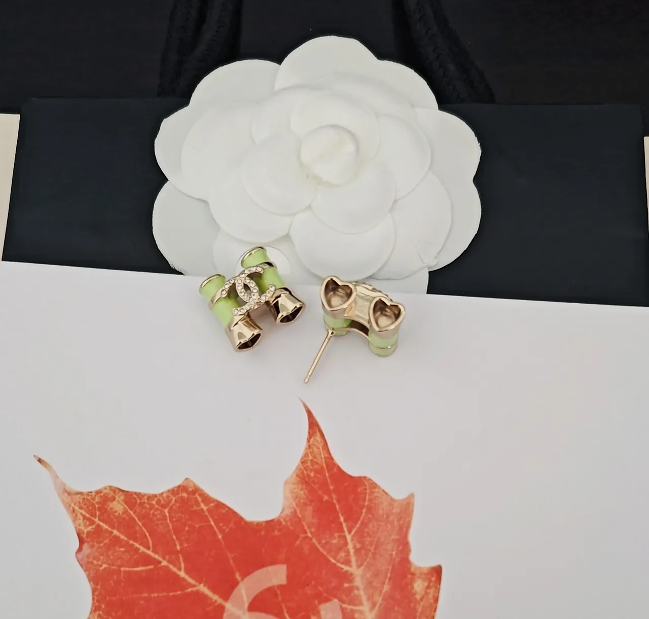 Chanel Green Gold Bamboo-Inspired Crystal-Embellished Earrings 4