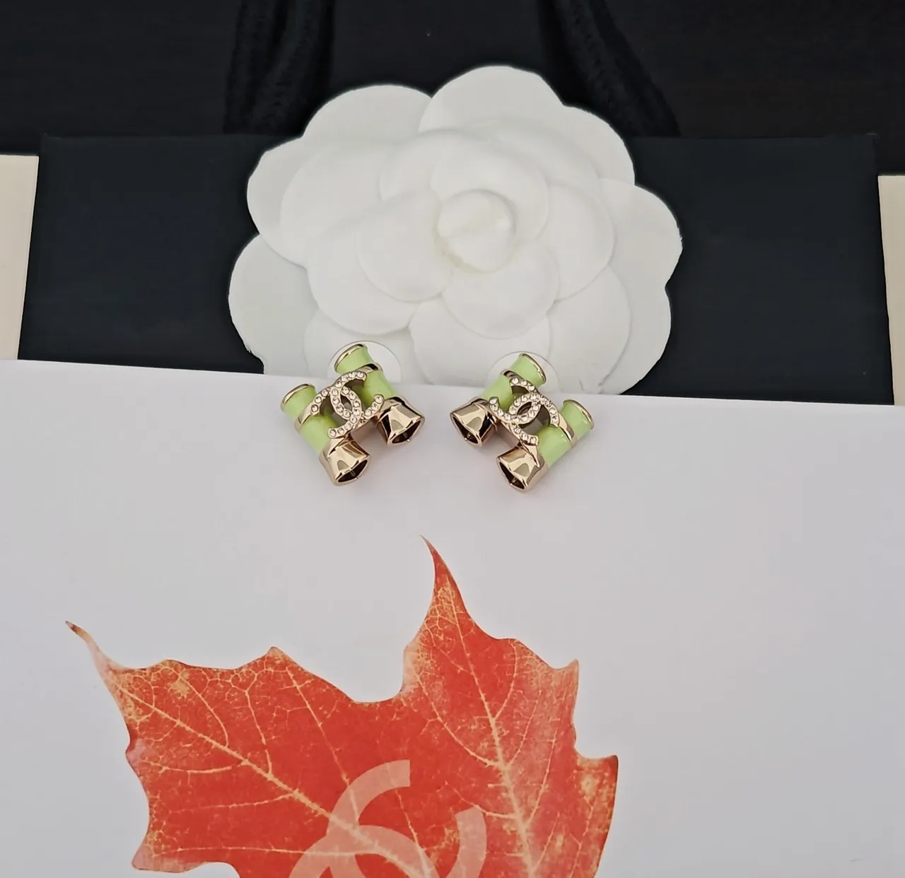 Chanel Green Gold Bamboo-Inspired Crystal-Embellished Earrings 5