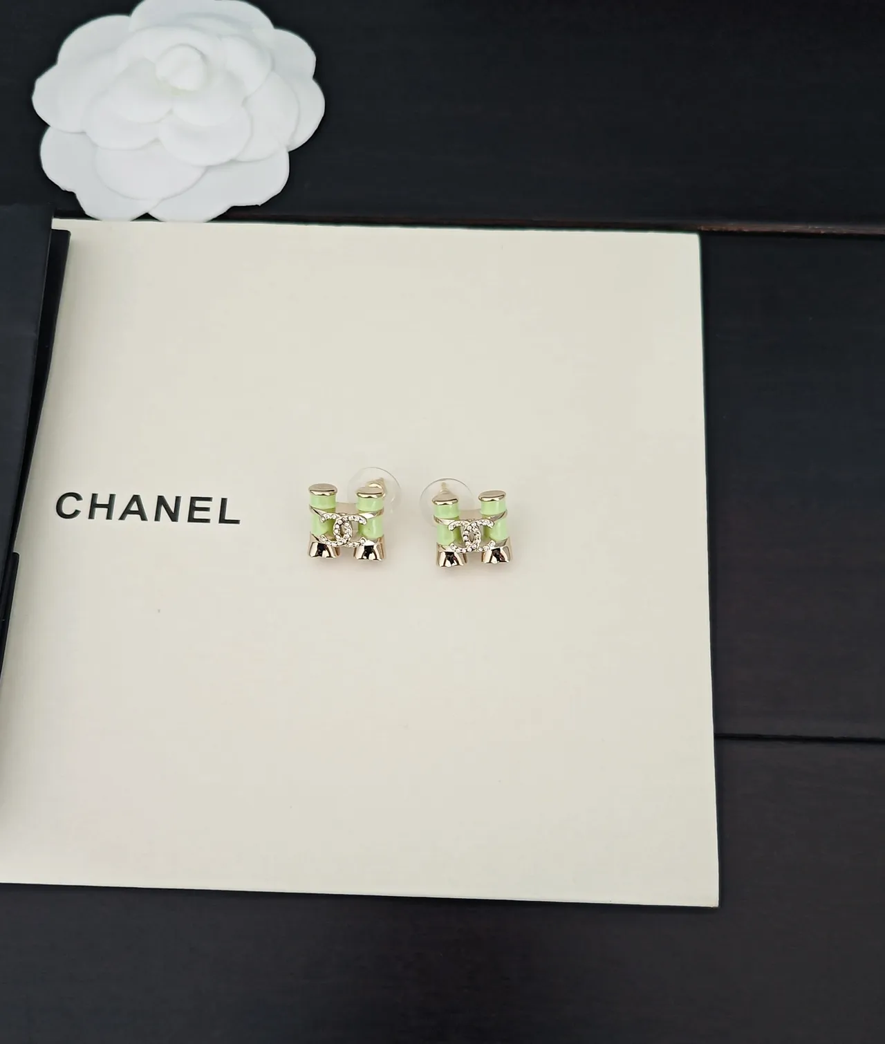 Chanel Green Gold Bamboo-Inspired Crystal-Embellished Earrings 6