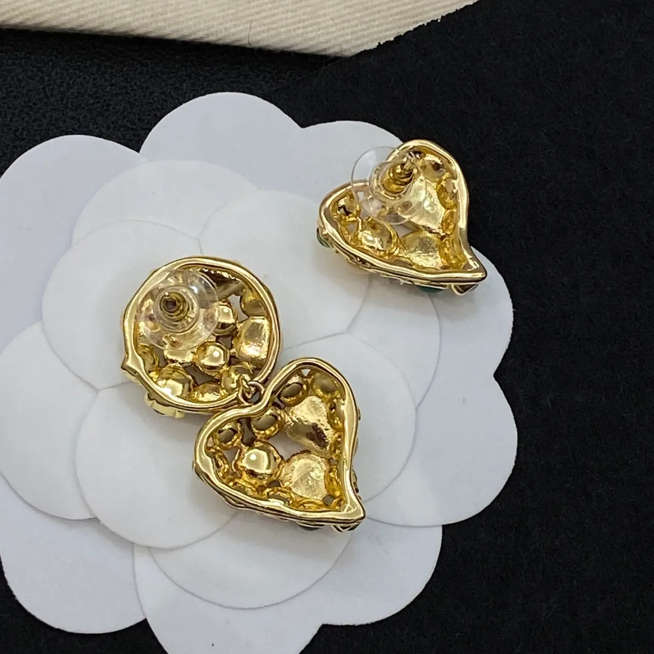 Chanel Green Gold Heart-Shaped Cluster-Set Earrings 2