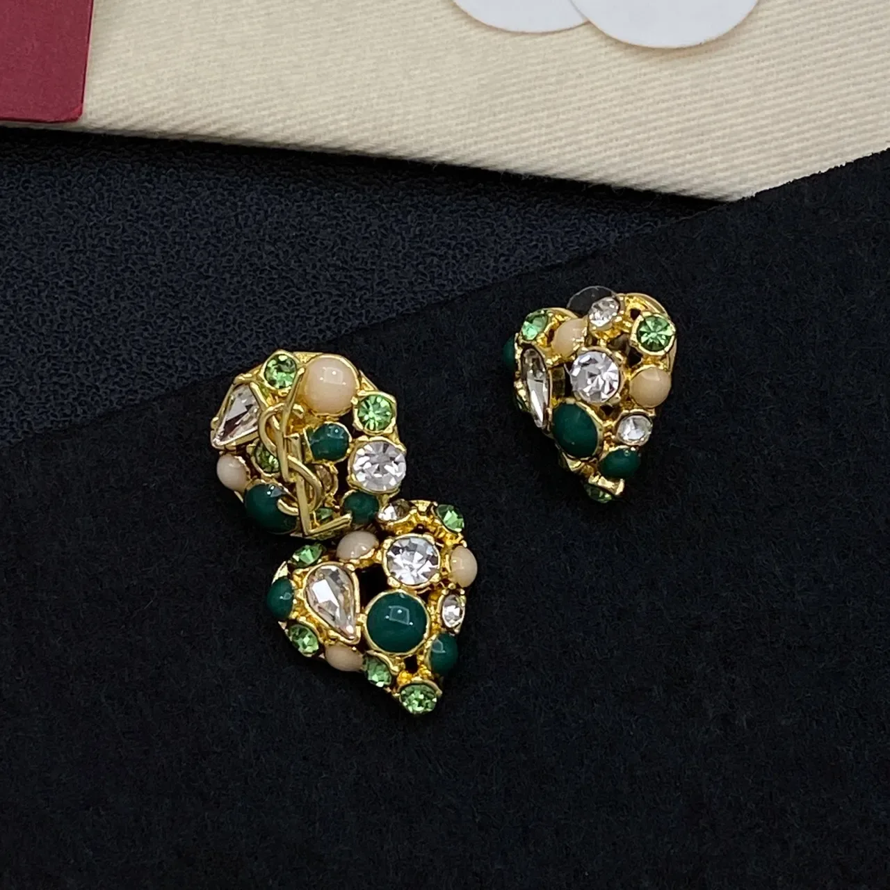 Chanel Green Gold Heart-Shaped Cluster-Set Earrings 5