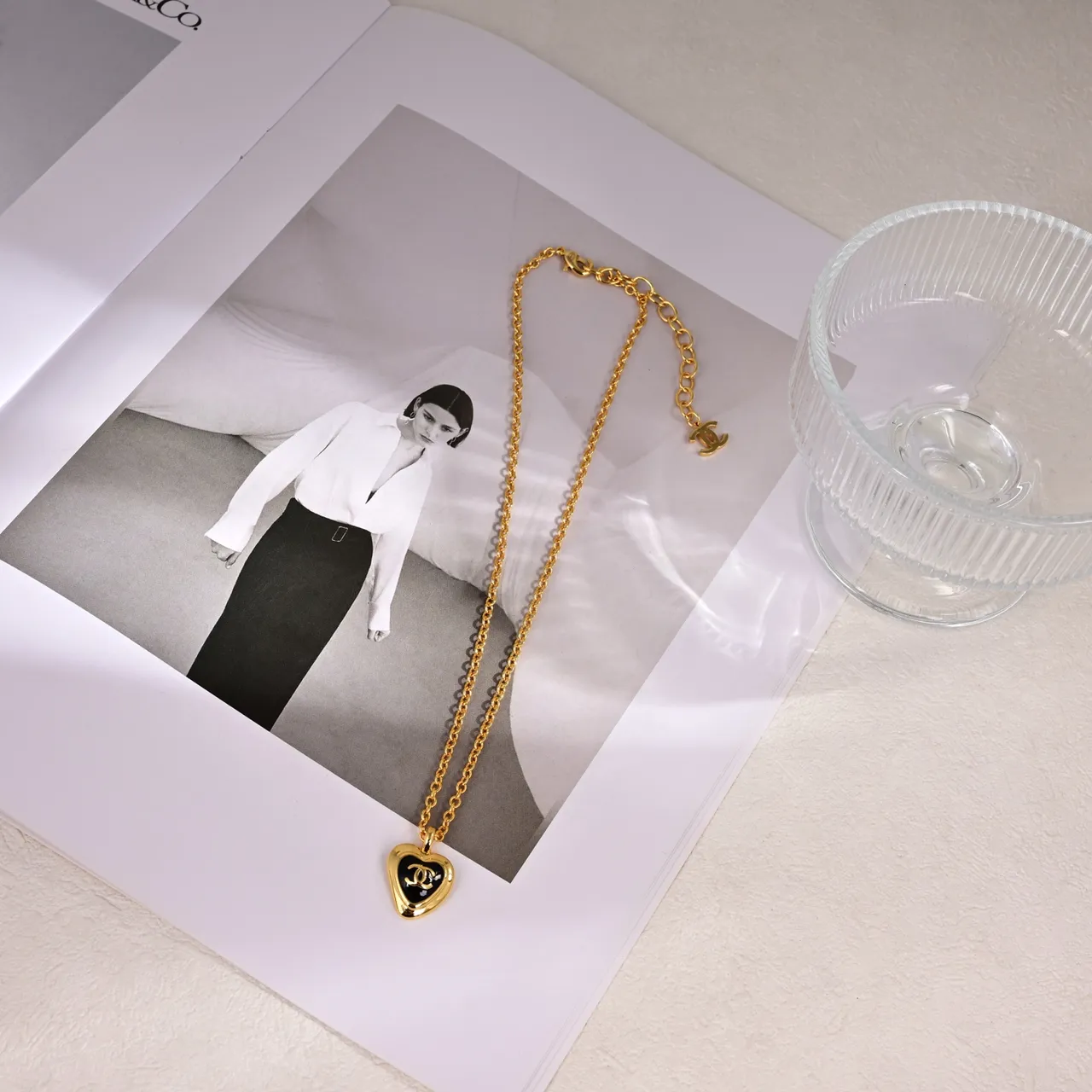 Chanel Heart Pendant Gold Black Curb Chain Necklace 2