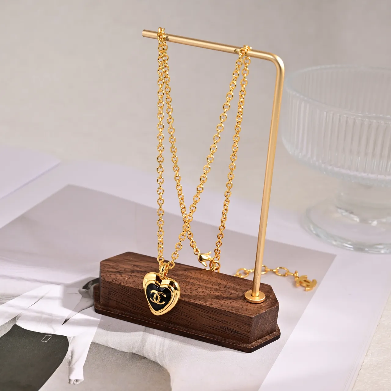Chanel Heart Pendant Gold Black Curb Chain Necklace 6