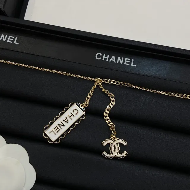 Chanel Logo Pendant Gold White Curb Chain Enamel Necklace 6