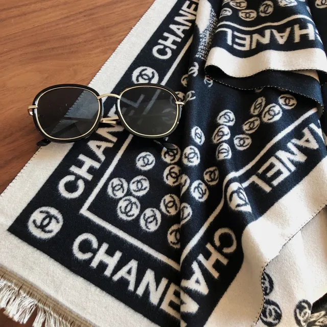 Chanel Logo-Print Black and Cream Silk Scarf 2