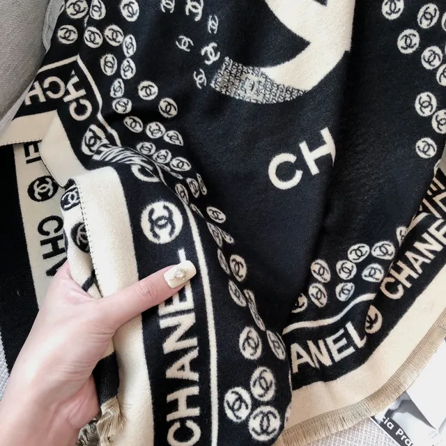 Chanel Logo-Print Black and Cream Silk Scarf 3