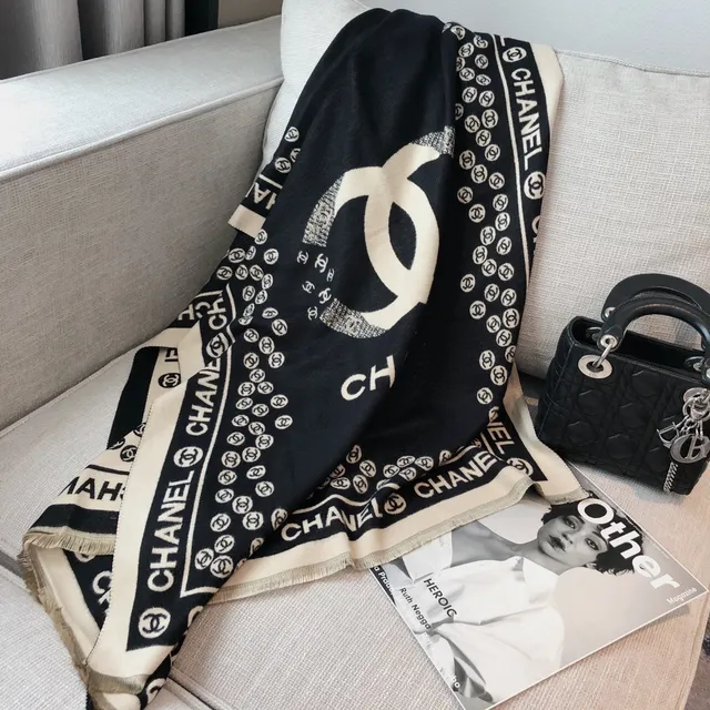 Chanel Logo-Print Black and Cream Silk Scarf 4