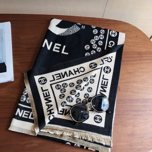 Chanel Logo-Print Black and Cream Silk Scarf 5