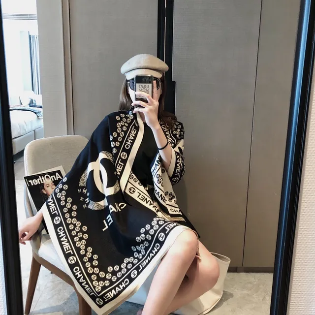 Chanel Logo-Print Black and Cream Silk Scarf 6