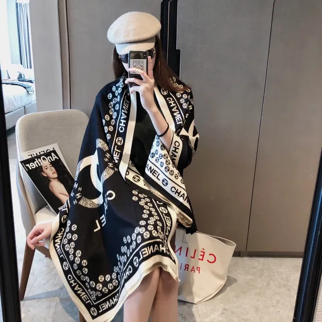 Chanel Logo-Print Black and Cream Silk Scarf 7