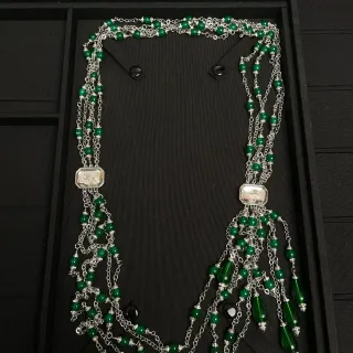 Chanel Multi-Strand Green Beaded Logo Plaque Necklace