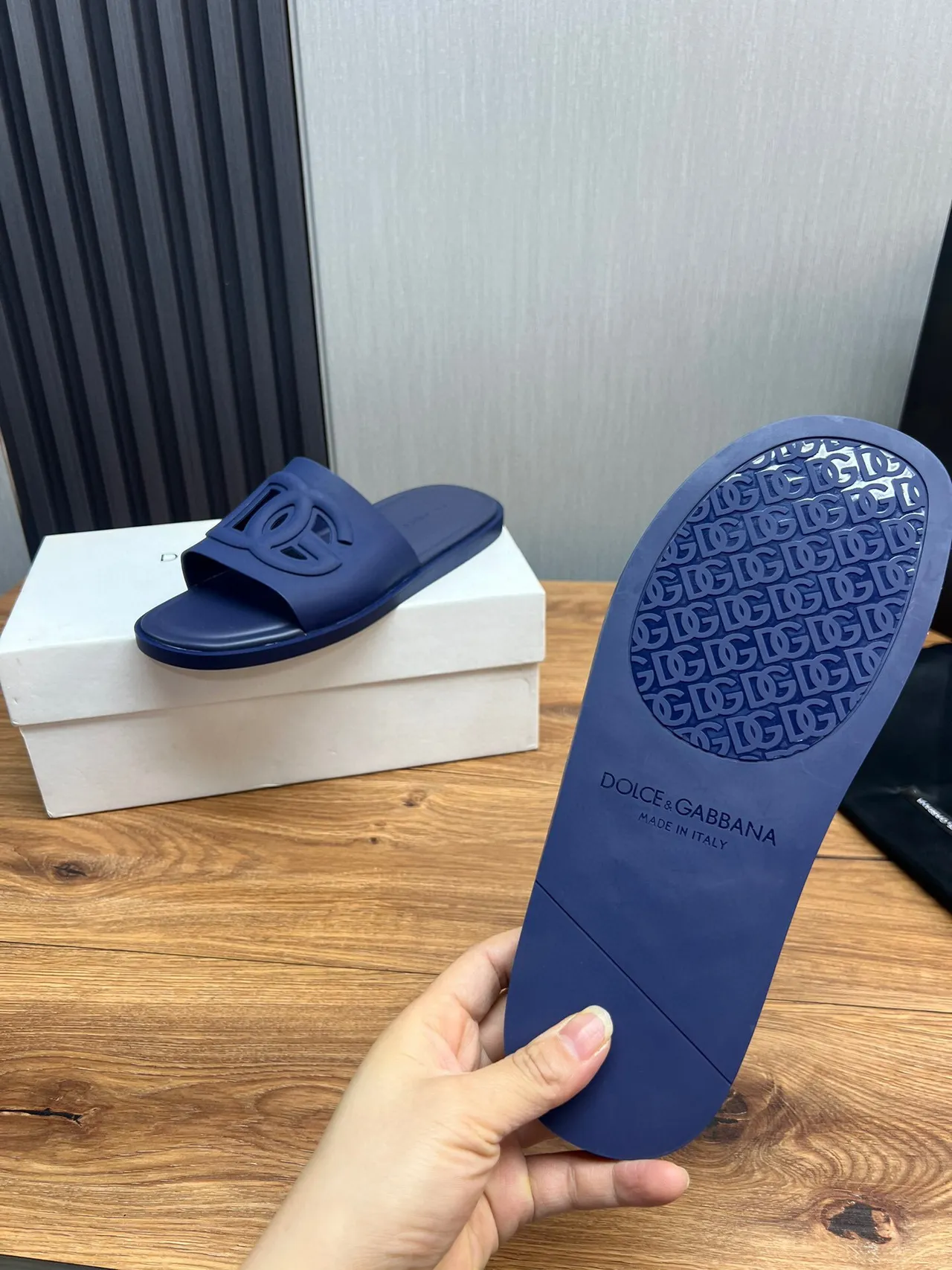 Chanel Navy Molded Rubber Logo-Cutout Strap Slippers 9