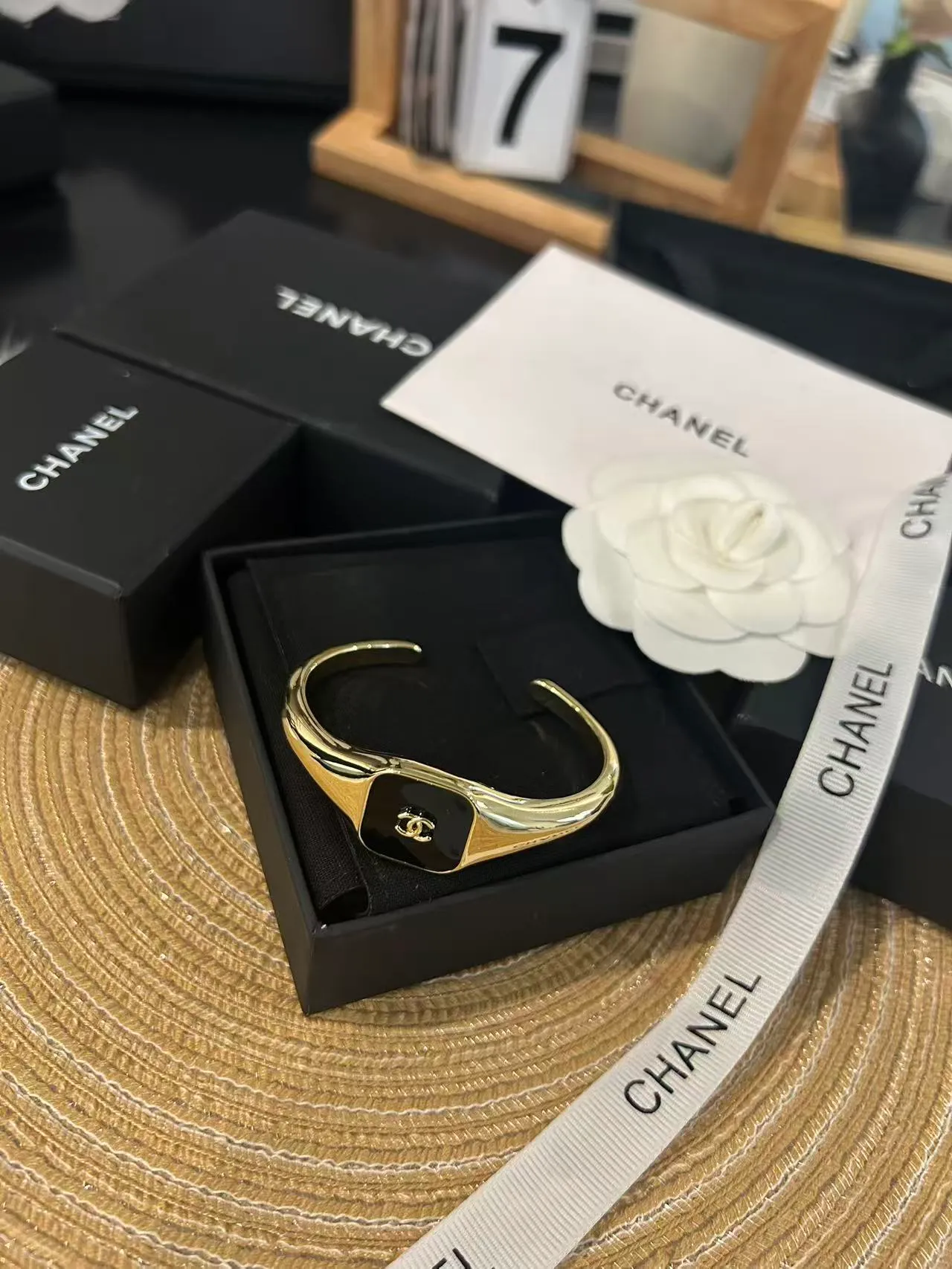 Chanel Open Cuff Bracelet Gold Black Enamel Plaque Bracelet 6