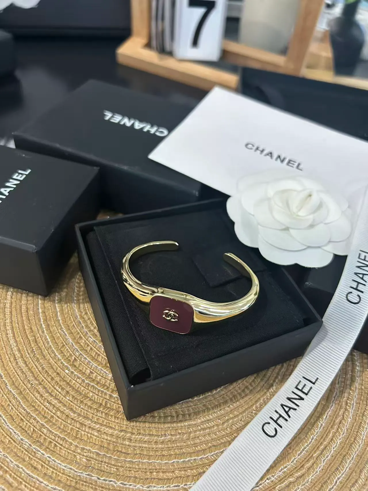 Chanel Open Cuff Bracelet Gold Black Enamel Plaque Bracelet 7