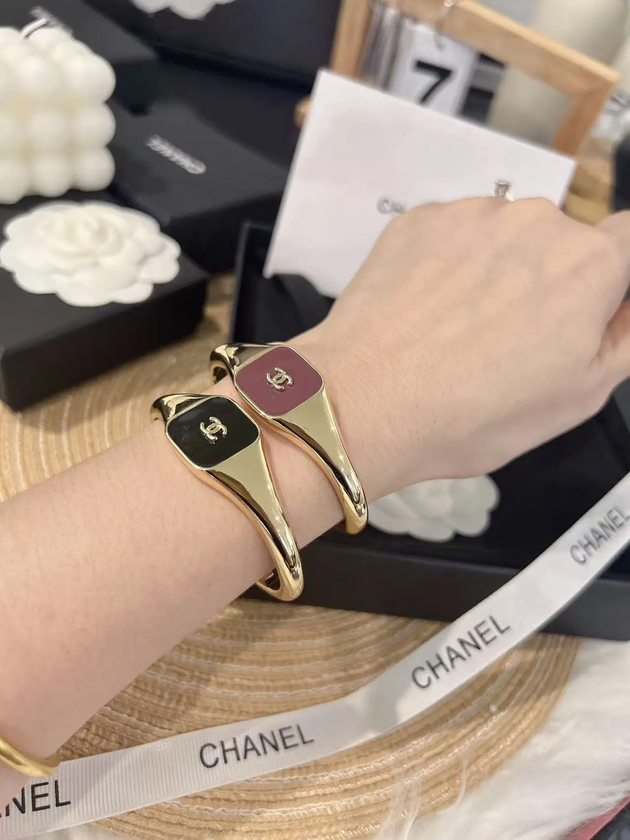 Chanel Open Cuff Bracelet Gold Black Enamel Plaque Bracelet 8