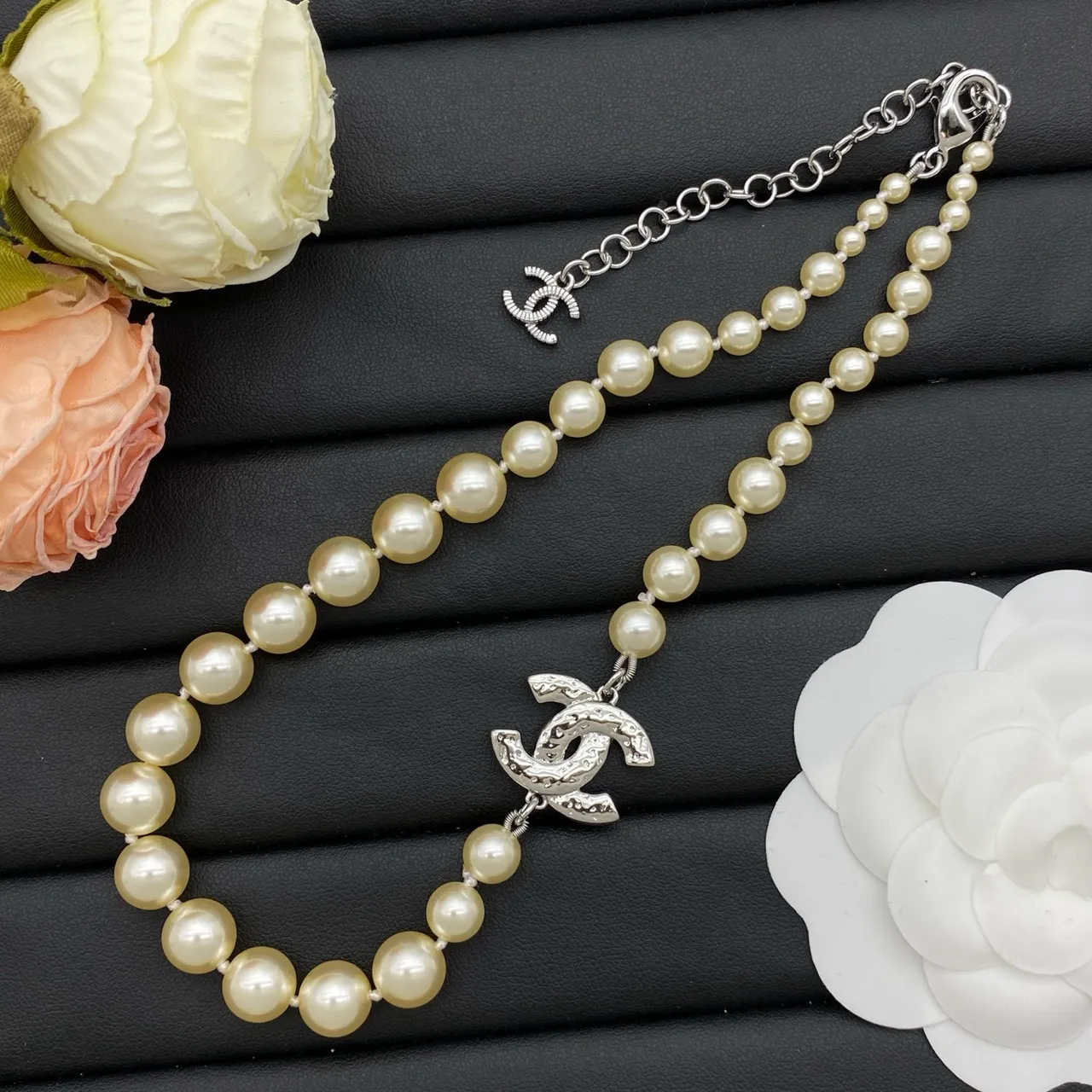 Chanel Pearl CC Beige Silver Strand Crystal-Embellished Pendant Necklace 2