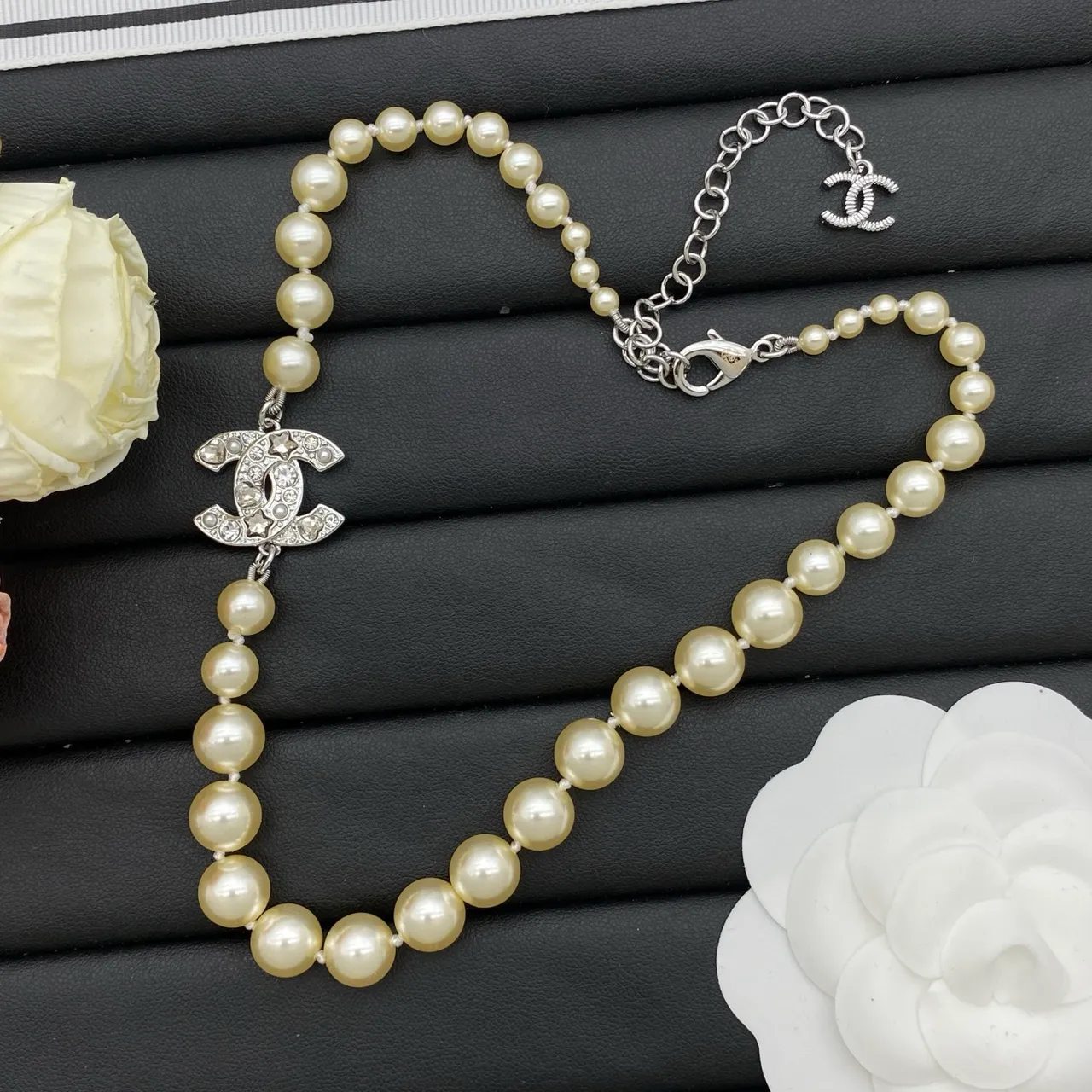 Chanel Pearl CC Beige Silver Strand Crystal-Embellished Pendant Necklace 3