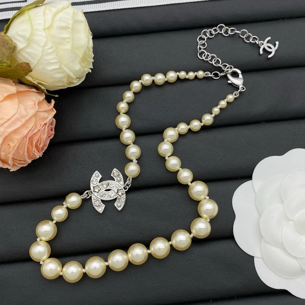 Chanel Pearl CC Beige Silver Strand Crystal-Embellished Pendant Necklace 4
