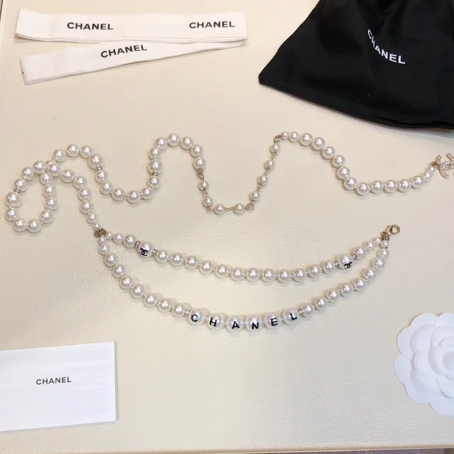 Chanel Pearl Letter Necklace White Black Strand Typography Necklace 3
