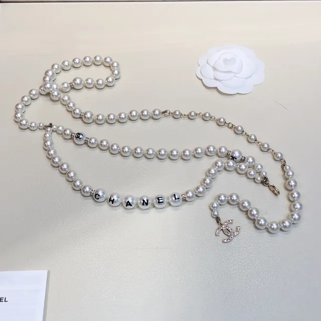 Chanel Pearl Letter Necklace White Black Strand Typography Necklace 6