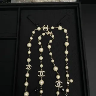 Chanel Pearl Strand Necklace Beige Gold Interlocking CC Logo Charms Necklace