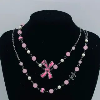 Chanel Pink White Double-Strand Beaded Enamel Bow Centerpiece Necklace
