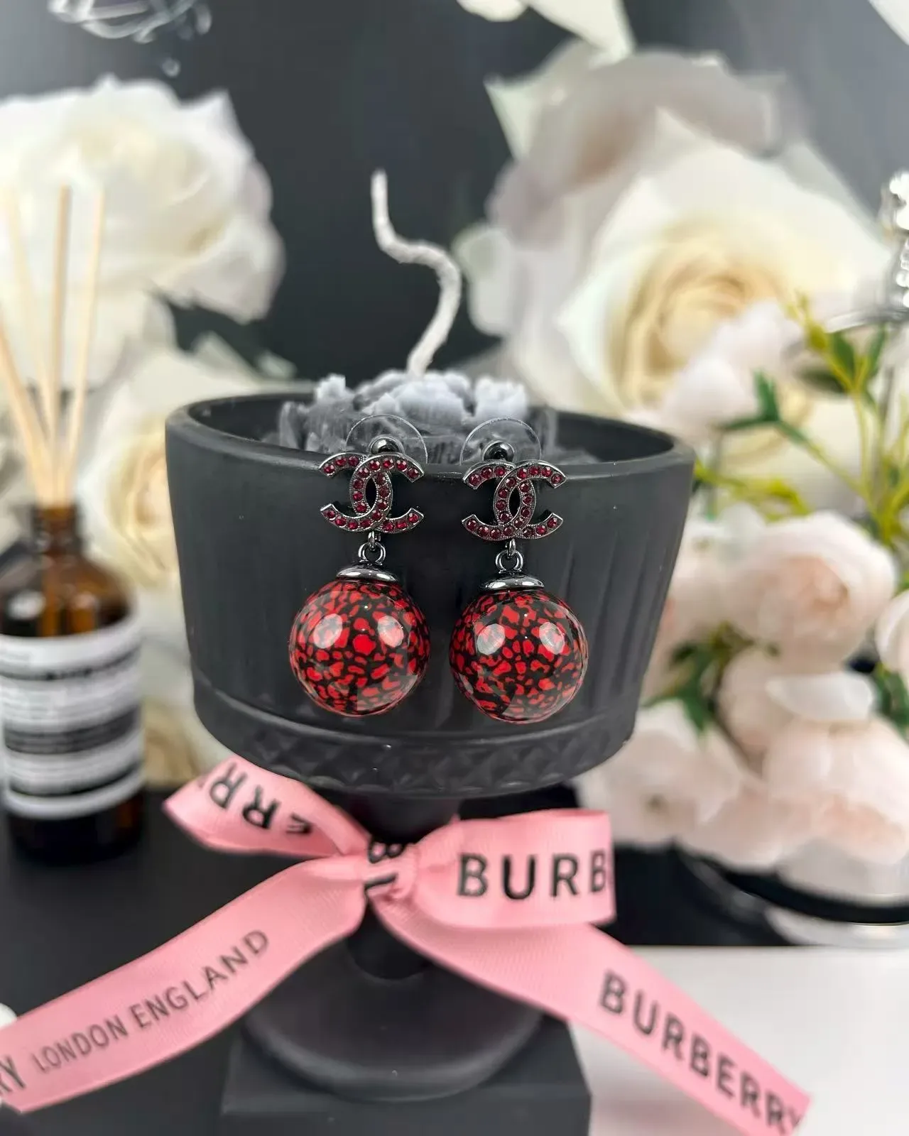 Chanel Red Black CC Logo Motif Crystal-Encrusted Earrings 3
