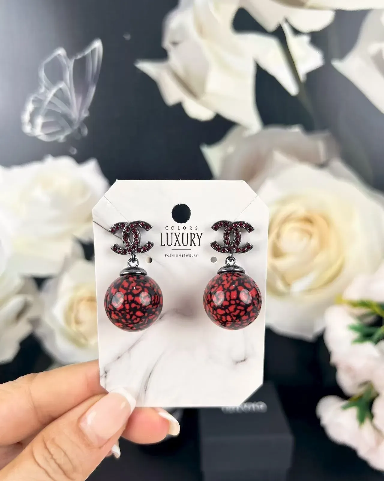Chanel Red Black CC Logo Motif Crystal-Encrusted Earrings 4